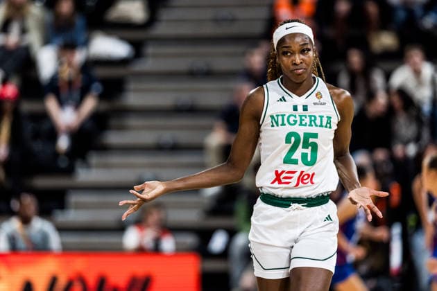 LYON-VILLEURBANNE, FRANCE - MARCH 14: Victoria Macaulay (Nigeria, 25) cheers after a successful three pointer during the FIBA Women™s World Cup Qualifying Tournament match between Nigeria (NGR) vs. Philippines (PHI) at Astroballe on matchday 3 of the FIBA Women™s World Cup Qualifying Tournament on March 14, 2026 in Lyon-Villeurbanne, France. France Copyright: xSteffiexWunderlx