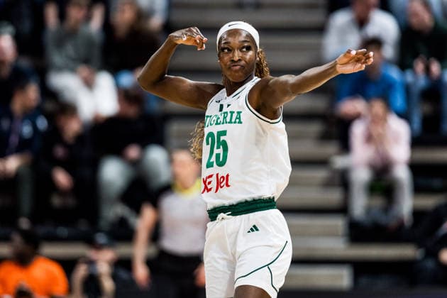 LYON-VILLEURBANNE, FRANCE - MARCH 14: Victoria Macaulay (Nigeria, 25) cheers after a successful three pointer during the FIBA Women™s World Cup Qualifying Tournament match between Nigeria (NGR) vs. Philippines (PHI) at Astroballe on matchday 3 of the FIBA Women™s World Cup Qualifying Tournament on March 14, 2026 in Lyon-Villeurbanne, France. France Copyright: xSteffiexWunderlx