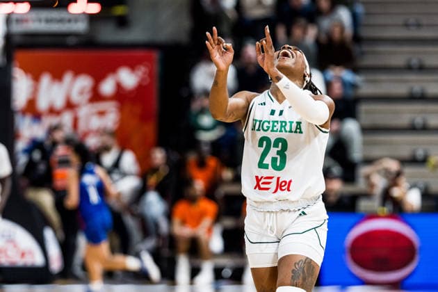 LYON-VILLEURBANNE, FRANCE - MARCH 14: Ezinne Kalu (Nigeria, 23) cheers after successfull three pointer during the FIBA Women™s World Cup Qualifying Tournament match between Nigeria (NGR) vs. Philippines (PHI) at Astroballe on matchday 3 of the FIBA Women™s World Cup Qualifying Tournament on March 14, 2026 in Lyon-Villeurbanne, France. France Copyright: xSteffiexWunderlx