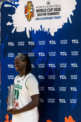 LYON-VILLEURBANNE, FRANCE - MARCH 14: Murjanatu Musa (Nigeria, 20) is being awarded the TCL player of the match award during the FIBA Women™s World Cup Qualifying Tournament match between Nigeria (NGR) vs. Philippines (PHI) at Astroballe on matchday 3 of the FIBA Women™s World Cup Qualifying Tournament on March 14, 2026 in Lyon-Villeurbanne, France. France Copyright: xSteffiexWunderlx