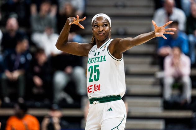 LYON-VILLEURBANNE, FRANCE - MARCH 14: Victoria Macaulay (Nigeria, 25) cheers after a successful three pointer during the FIBA Women™s World Cup Qualifying Tournament match between Nigeria (NGR) vs. Philippines (PHI) at Astroballe on matchday 3 of the FIBA Women™s World Cup Qualifying Tournament on March 14, 2026 in Lyon-Villeurbanne, France. France Copyright: xSteffiexWunderlx