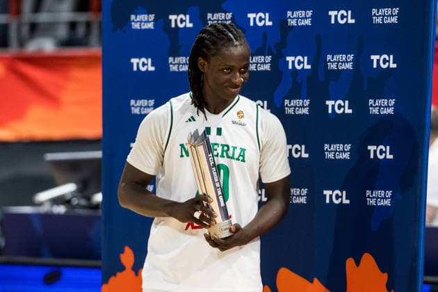 LYON-VILLEURBANNE, FRANCE - MARCH 14: Murjanatu Musa (Nigeria, 20) is being awarded the TCL player of the match award during the FIBA Women™s World Cup Qualifying Tournament match between Nigeria (NGR) vs. Philippines (PHI) at Astroballe on matchday 3 of the FIBA Women™s World Cup Qualifying Tournament on March 14, 2026 in Lyon-Villeurbanne, France. France Copyright: xSteffiexWunderlx