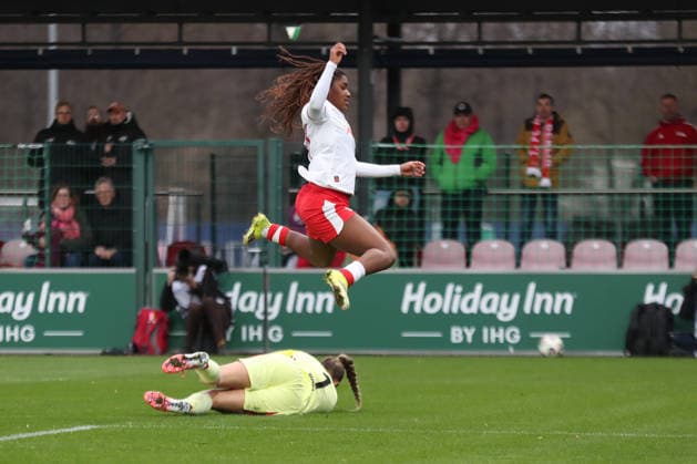 Google Pixel Women Bundesliga, RB Leipzig 1 FC Union Berlin 14 03 2026 Goalkeeper Cara Bösl 1, Union Berlin secures the ball in front of Delice Boboy 17, RB Leipzig , who jumps over the keeper Soccer, Google Pixel Women Bundesliga, Season 2025 2026, 20 Matchday RB Leipzig vs 1 FC Union Berlin on 14 03 2026, Training Center Cottaweg, Leipzig DFB REGULATIONS PROHIBIT ANY USE OF PHOTOGRAPHS AS IMAGE SEQUENCES AND OR QUASI VIDEO Copyright: xBEAUTIFULxSPORTS JanxKaeferx