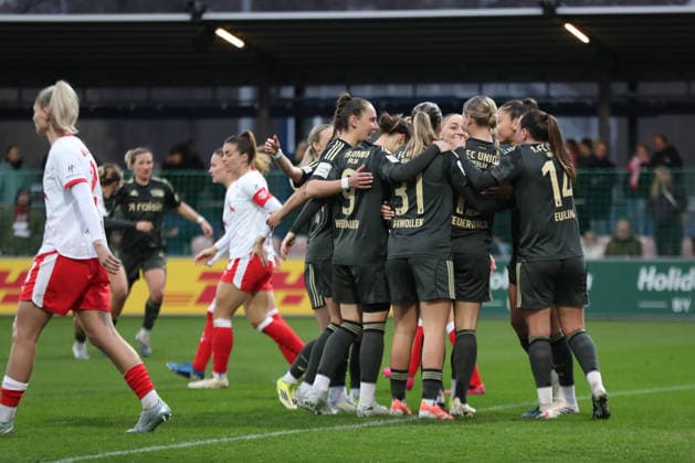 Google Pixel Womens Bundesliga, RB Leipzig 1 FC Union Berlin 14 03 2026 Goal Cheers from the Union Berlin team after the 2 2 equalizer Soccer, Google Pixel Womens Bundesliga, Season 2025 2026, 20 Matchday RB Leipzig vs 1 FC Union Berlin on 14 03 2026, Training Center Cottaweg, Leipzig DFB REGULATIONS PROHIBIT ANY USE OF PHOTOGRAPHS AS IMAGE SEQUENCES AND OR QUASI VIDEO Copyright: xBEAUTIFULxSPORTS JanxKaeferx