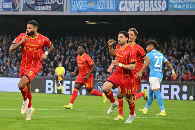 14th March 2026, Stadio Diego Armando Maradona, Naples, Italy; Serie A Football; Napoli versus Lecce; Jamil Siebert of US Lecce celebrates after scoring goal in the 3th minute for 1-0  AllShotLive Content restricted for UK based newspaper