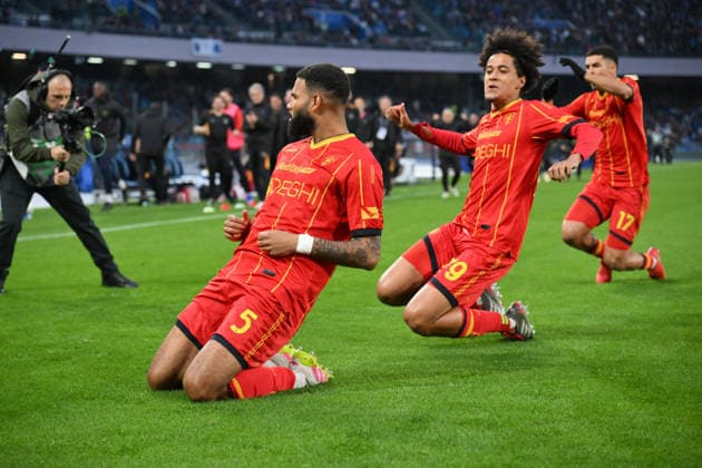 14th March 2026, Stadio Diego Armando Maradona, Naples, Italy; Serie A Football; Napoli versus Lecce; Jamil Siebert of US Lecce celebrates after scoring goal in the 3th minute for 1-0  AllShotLive Content restricted for UK based newspaper
