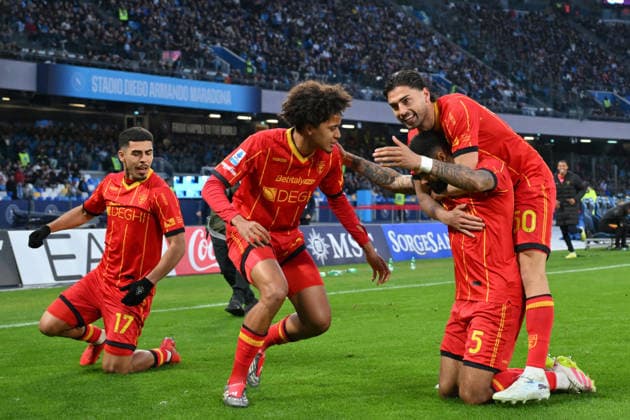 14th March 2026, Stadio Diego Armando Maradona, Naples, Italy; Serie A Football; Napoli versus Lecce; Jamil Siebert of US Lecce celebrates after scoring goal in the 3th minute for 1-0  AllShotLive Content restricted for UK based newspaper