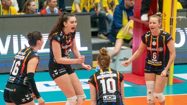 14 3 2026, Volleyball, Women, VBL, 1 VBL, 1 Volleyball Bundesliga, Season 2025 26, 22 Matchday, SSC Palmberg Schwerin Allianz MTV Stuttgart, Mikala Mogensen Allianz MTV Stuttgart, left , Lucia Varela Gomez Allianz MTV Stuttgart, 2 f left , Pia Kästner Allianz MTV Stuttgart, 2 f right and Antonia Stautz Allianz MTV Stuttgart, right cheer Schwerin Palmberg Arena Mecklenburg Vorpommern Germany