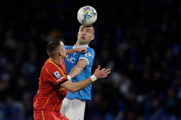 Italy: Serie a football match SSC Napoli vs Lecce Napoli s Italian defender Alessandro Buongiorno challenges for the ball with Lecce s Serbian forward Nikola Stulic during the Serie A football match between SSC Napoli vs Lecce at the Diego Armando Maradona Stadium in Naples on March 14, 2026. _BPH8040 Copyright: xAntonioxBalascox