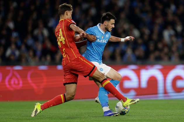 Italy: Serie a football match SSC Napoli vs Lecce Lecce™s Portuguese defender Tiago Gabriel challenges for the ball with Napoli s Macedonian midfielder Eljif Elmas during the Serie A football match between SSC Napoli vs Lecce at the Diego Armando Maradona Stadium in Naples on March 14, 2026. _BPH8452 Copyright: xAntonioxBalascox