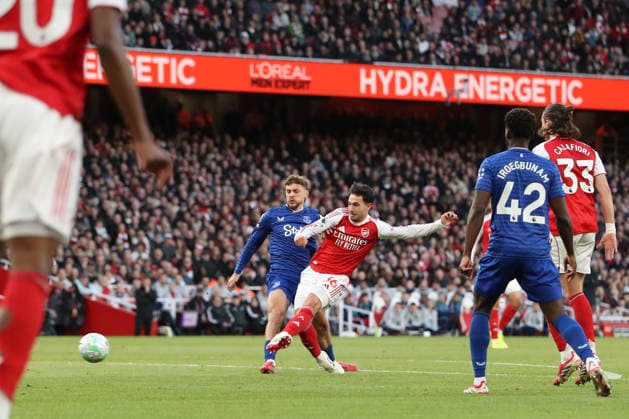 14th March 2026; Emirates Stadium, London, England; Premier League Football, Arsenal versus Everton; Martin Zubimendi of Arsenal shoots  KatiexChan Content restricted for UK based newspaper