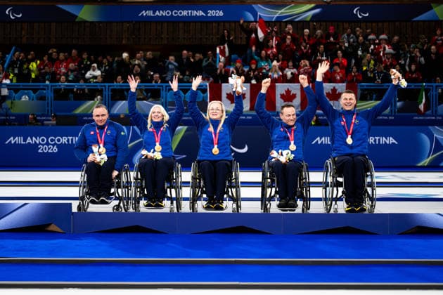 260314 Marcus Holm, Kristina Ulander, Sabina Johansson, Ronny Persson and Viljo Petersson Dahl of Sweden celebrate on the podium with their their Paralympic bronze medal at the medal ceremony for the wheelchair curling bronze medal game during day 8 of the Milano Cortina 2026 Winter Paralympic Games on March 14, 2026 in Cortina. Photo: Maxim Thore BILDBYRAN kod MT MT1027 wheelchair curling rullstolscurling paralympic games paralympics paralympiska spel paralympiske leker vinter-paralympics winter paralympics milano cortina 2026 milano cortina 2026 winter paralympic games 8 bbeng sverige brons medaljutdelning jubel *** 260314 Marcus Holm, Kristina Ulander, Sabina Johansson, Ronny Persson and Viljo Petersson Dahl of Sweden celebrate on the podium with their Paralympic bronze medal at the medal ceremony for the wheelchair curling bronze medal game during day 8 of the Milano Cortina 2026 Winter Paralympic Games on March 14, 2026 in Cortina Photo Maxim Thore BILDBYRAN code MT MT1027 wheelchair curling wheelchair curling paralympic games paralympic games paralympiske leker vinter paralympics winter paralympics milano cortina 2026 milano cortina 2026 winter paralympic games 8 bbeng sverige brons medaljutdelning jubel  Copyright: MAXIMxTHORE BB260314MT047