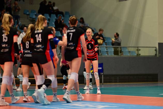 Volleyball I Women I Season 2025 2026 I Bundesliga I Main Round I ETV Hamburger Volksbank Volleys VC Wiesbaden I 14 03 2026 Cheers, excitement, enthusiasm, euphoria, joy, happiness, cheerfulness at Anna Hartig 5, ETV Hamburger Volksbank Volleys Hamburg CU Arena Hamburg Germany Copyright: xLobeca FelixxSchlikisx