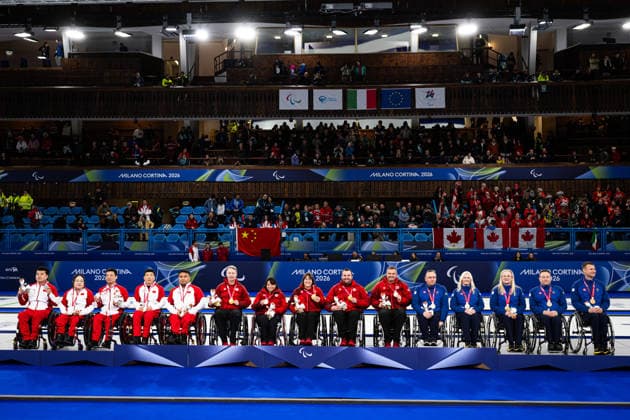 260314 The teams of China, Canada and Sweden at the medal ceremony for the wheelchair curling bronze medal game during day 8 of the Milano Cortina 2026 Winter Paralympic Games on March 14, 2026 in Cortina. Photo: Maxim Thore BILDBYRAN kod MT MT1027 wheelchair curling rullstolscurling paralympic games paralympics paralympiska spel paralympiske leker vinter-paralympics winter paralympics milano cortina 2026 milano cortina 2026 winter paralympic games 8 bbeng sverige brons medaljutdelning jubel *** 260314 The teams of China, Canada and Sweden at the medal ceremony for the wheelchair curling bronze medal game during day 8 of the Milano Cortina 2026 Winter Paralympic Games on March 14, 2026 in Cortina Photo Maxim Thore BILDBYRAN code MT MT1027 wheelchair curling wheelchair curling paralympic games paralympic games paralympiske leker vinter paralympics winter paralympics milano cortina 2026 milano cortina 2026 winter paralympic games 8 bbeng sverige brons medaljutdelning jubel  Copyright: MAXIMxTHORE BB260314MT050