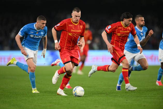 Nikola Stulic of US Lecce on the ball during the match of 29th day of the Serie A Championship between S.S.C. Napoli and U.S.Lecce at the Maradona Stadium on Mar 14, 2026 in Naples, Italy. during SSC Napoli vs US Lecce, Italian soccer Serie A match in Naples, Italy, March 14 2026  Copyright: xRobertoxRamaccia IPAxSportx xipa-agency.netx xx IPA_72873082 IPA_Agency_IPA72873082