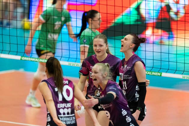 1 Volleyball Bundesliga Women USC Münster vs Schwarz Weiss Erfurt Münster 14 03 2026 Cheers, Schwarz Weiss Erfurt 1 Volleyball Bundesliga Women USC Münster vs Schwarz Weiss Erfurt Sporthalle Berg Fidel 14 03 2026 Copyright: xBEAUTIFULxSPORTS Duehringx
