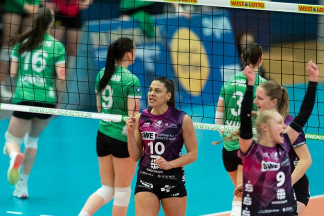 1 Volleyball Bundesliga Women USC Münster vs Schwarz Weiss Erfurt Münster 14 03 2026 Jubel, Kinga Szücs 10 Schwarz Weiss Erfurt 1 Volleyball Bundesliga Women USC Münster vs Schwarz Weiss Erfurt Sporthalle Berg Fidel 14 03 2026 Copyright: xBEAUTIFULxSPORTS Duehringx
