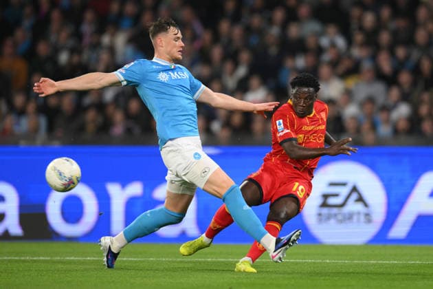 14th March 2026, Stadio Diego Armando Maradona, Naples, Italy; Serie A Football; Napoli versus Lecce; Lameck Banda of US Lecce under pressure from Sam Beukema of SSC Napoli  AllShotLive Content restricted for UK based newspaper