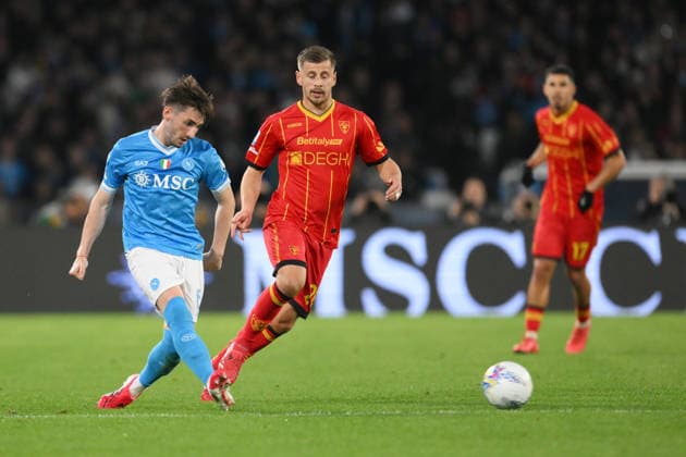 14th March 2026, Stadio Diego Armando Maradona, Naples, Italy; Serie A Football; Napoli versus Lecce; Billy Gilmour of SSC Napoli under pressure from Ylber Ramadani of US Lecce  AllShotLive Content restricted for UK based newspaper