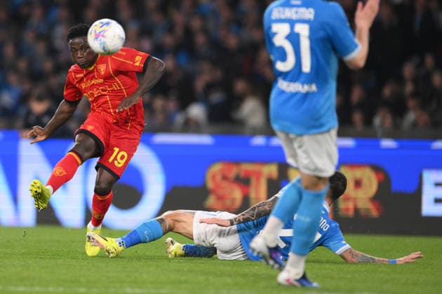 14th March 2026, Stadio Diego Armando Maradona, Naples, Italy; Serie A Football; Napoli versus Lecce; Lameck Banda of US Lecce under pressure from Matteo Politano of SSC Napoli  AllShotLive Content restricted for UK based newspaper