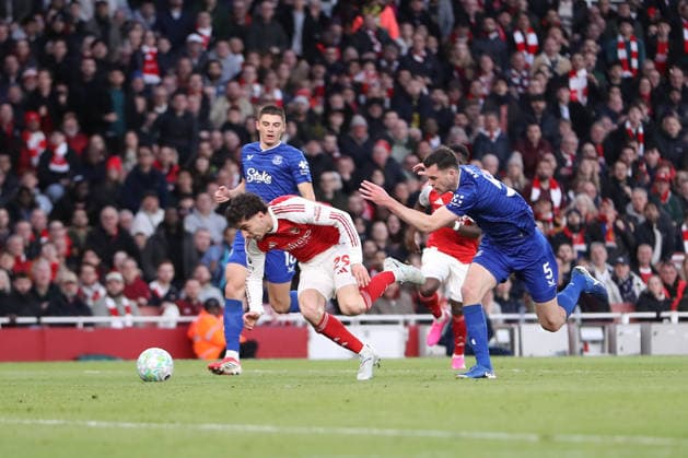 14th March 2026; Emirates Stadium, London, England; Premier League Football, Arsenal versus Everton; Kai Havertz of Arsenal goes down under challenge from Michael Keane of Everton and wants a penalty kick awarded  KatiexChan Content restricted for UK based newspaper