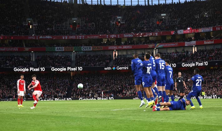 Declan Rice (A) fires in a free-kick at the Arsenal v Everton EPL match, at the Emirates Stadium, London, UK on 14th March, 2026. 