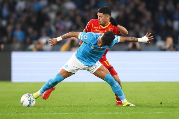 CALCIO - Serie A - SSC Napoli vs US Lecce Alisson Santos of SSC Napoli under pressure from Danilo Veiga of US Lecce during the match of 29th day of the Serie A Championship between S.S.C. Napoli and U.S.Lecce at the Maradona Stadium on Mar 14, 2026 in Naples, Italy. during SSC Napoli vs US Lecce, Italian soccer Serie A match in Naples, Italy, March 14 2026 Naples Italy  Copyright: xIPAxSport ABACAx