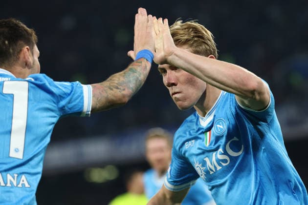 Rasmus Hojlund of SSC Napoli celebrates after scoring the goal of 1-1 during the Serie A 2025 2026 football match between SSC Napoli and US Lecce at Diego Armando Maradona stadium in Naples (Italy), March 14th, 2026. CesarexPurini