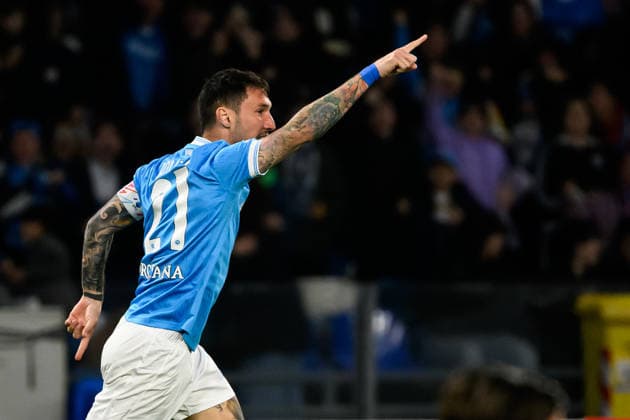 Matteo Politano of SSC Napoli celebrates during the Serie A 2025 2026 football match between SSC Napoli and US Lecce at Diego Armando Maradona stadium in Naples (Italy), March 14, 2026. andreaxstaccioli