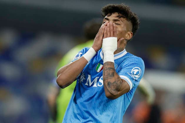 Italy: Serie a football match SSC Napoli vs Lecce Napoli s Brazilian forward Alisson Santos looks dejected during the Serie A football match between SSC Napoli vs Lecce at the Diego Armando Maradona Stadium in Naples on March 14, 2026. _BPH9662 Copyright: xAntonioxBalascox