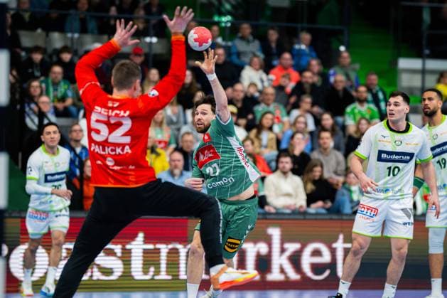 14 03 2026 Handball, 2025 2026, 1 Bundesliga, 25 Matchday, GWD Minden HSG Wetzlar L R Andreas Palicka Wetzlar , Max Staar Minden