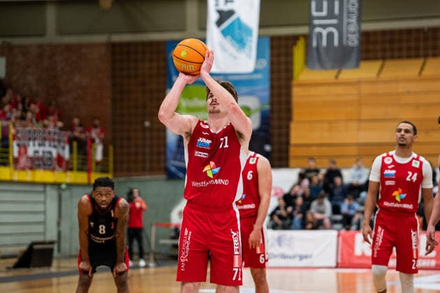 Paderborn Baskets GER vs Bayer Giants Leverkusen GER , Basketball, Barmer 2 Basketball Bundesliga Pro A, 27 Matchday, 14 3 2026, Season 2025 2026, Paderborn Jonathan Klussmann Paderborn Baskets, 71 on a free throw Paderborn Sportzentrum Maspernplatz Germany