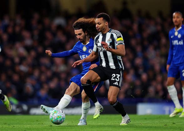 14th March 2026; Stamford Bridge, Chelsea, London, England: Premier League Football, Chelsea versus Newcastle United; Marc Cucurella of Chelsea under pressure from Jacob Murphy of Newcastle United  JPxFletcher Content restricted for UK based newspaper