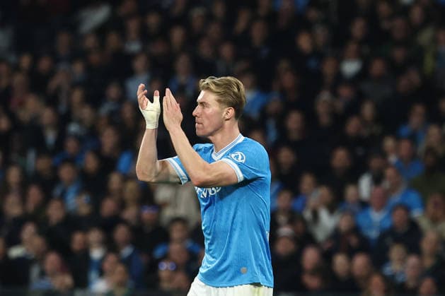 Rasmus Hojlund of SSC Napoli greets during the Serie A 2025 2026 football match between SSC Napoli and US Lecce at Diego Armando Maradona stadium in Naples (Italy), March 14th, 2026. CesarexPurini