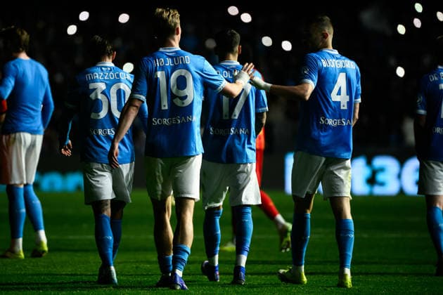 Rasmus Hojlund and Alessandro Buongiorno of SSC Napoli celebrate at the end of the Serie A 2025 2026 football match between SSC Napoli and US Lecce at Diego Armando Maradona stadium in Naples (Italy), March 14, 2026. andreaxstaccioli