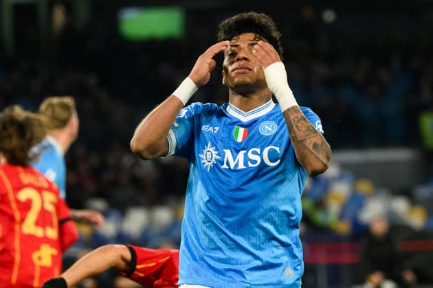 Alisson Santos of SSC Napoli reacts during the Serie A 2025 2026 football match between SSC Napoli and US Lecce at Diego Armando Maradona stadium in Naples (Italy), March 14, 2026. andreaxstaccioli