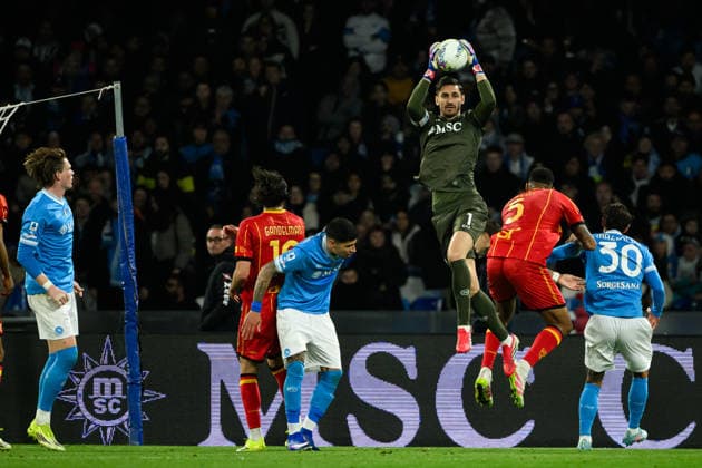 Alex Meret of SSC Napoli saves during the Serie A 2025 2026 football match between SSC Napoli and US Lecce at Diego Armando Maradona stadium in Naples (Italy), March 14, 2026. andreaxstaccioli