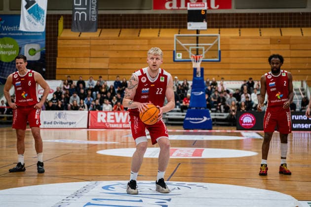 Paderborn Baskets GER vs Bayer Giants Leverkusen GER , Basketball, Barmer 2 Basketball Bundesliga Pro A, 27 Matchday, 14 3 2026, Season 2025 2026, Paderborn Aaron Kayser Paderborn Baskets, 22 on a free throw Paderborn Sportzentrum Maspernplatz Germany