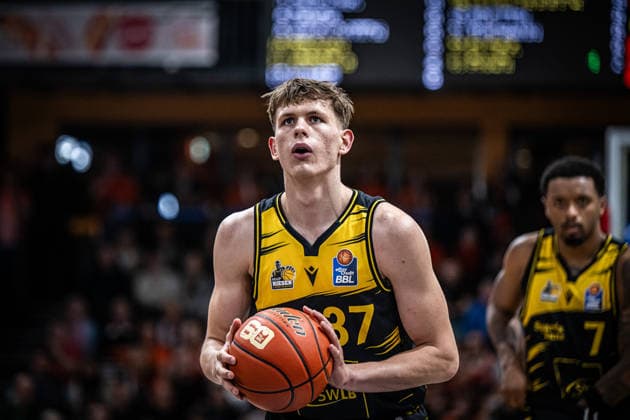 1 Basketball Bundesliga, easyCredit BBL, Season 2025 2026, Men, Main Round, Matchday 24, 14 03 2026, RASTA Vechta MHP Riesen Ludwigsburg Julis Baumer 37 MHP Riesen Ludwigsburg during the game Vechta RASTA Dome Lower Saxony Germany