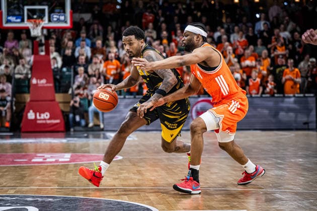 1 Basketball Bundesliga, easyCredit BBL, Season 2025 2026, Men, Main Round, 24 Matchday, 14 03 2026, RASTA Vechta MHP Riesen Ludwigsburg Elijah Hughes 7 MHP Riesen Ludwigsburg in action Vechta RASTA Dome Lower Saxony Germany