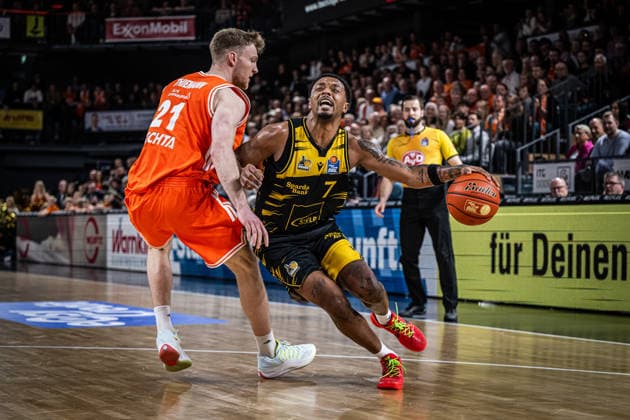 1 Basketball Bundesliga, easyCredit BBL, Season 2025 2026, Men, Main Round, 24 Matchday, 14 03 2026, RASTA Vechta MHP Riesen Ludwigsburg Elijah Hughes 7 MHP Riesen Ludwigsburg in action Vechta RASTA Dome Lower Saxony Germany