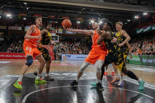GER, Basketball, easy Credit BBL, Rasta Vechta vs MHP Riesen Ludwigsburg 14 03 2026, Rasta Dome, Vechta, GER, easy Credit BBL, Rasta Vechta vs MHP Riesen Ludwigsburg , pictured Philipp KERKENHOFF Rasta Vechta 14 Babacar SANE MHP Riesen Ludwigsburg 0 Tibor PLEIß PLEISS Rasta Vechta 22 nordphotoxgmbhx xRojahn nph00310