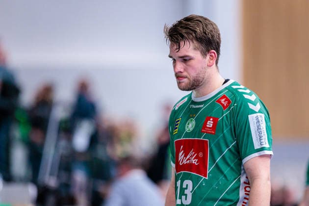 Disappointment after 31 33 defeat, Ian Weber GWD Minden, 13 GER, GWD Minden vs HSG Wetzlar, Handball, 1 Bundesliga, 25 Matchday, Season 2025 2026, 14 03 2026 GER, GWD Minden vs HSG Wetzlar, Handball, 1 Bundesliga, 25 Matchday, Season 2025 2026, 14 03 2026 Minden Copyright: xEibner-Pressefoto JanxRollingerx EP_JSK