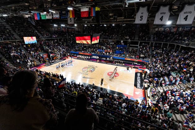 LYON-VILLEURBANNE, FRANCE - MARCH 14: Sold out venue, both teams on court for the national anthems before the FIBA Women™s World Cup Qualifying Tournament match between Germany (GER) vs. France (FRA) at Astroballe on matchday 3 of the FIBA Women™s World Cup Qualifying Tournament on March 14, 2026 in Lyon-Villeurbanne, France. France Copyright: xSteffiexWunderlx