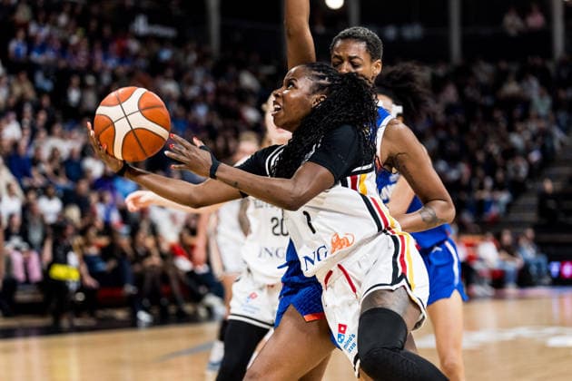 LYON-VILLEURBANNE, FRANCE - MARCH 14: Alexis Peterson (Germany, 1) controls the ball against Valeriane Ayayi (France, 11) during the FIBA Women™s World Cup Qualifying Tournament match between Germany (GER) vs. France (FRA) at Astroballe on matchday 3 of the FIBA Women™s World Cup Qualifying Tournament on March 14, 2026 in Lyon-Villeurbanne, France. France Copyright: xSteffiexWunderlx