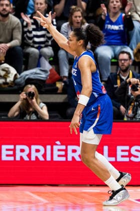 LYON-VILLEURBANNE, FRANCE - MARCH 14: Janelle Salaun (France, 13) cheers after scoring a three pointer during the FIBA Women™s World Cup Qualifying Tournament match between Germany (GER) vs. France (FRA) at Astroballe on matchday 3 of the FIBA Women™s World Cup Qualifying Tournament on March 14, 2026 in Lyon-Villeurbanne, France. France Copyright: xSteffiexWunderlx