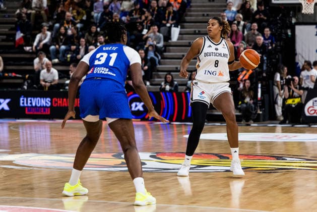LYON-VILLEURBANNE, FRANCE - MARCH 14: Nyara Sabally (Germany, 8) controls the ball during the FIBA Women™s World Cup Qualifying Tournament match between Germany (GER) vs. France (FRA) at Astroballe on matchday 3 of the FIBA Women™s World Cup Qualifying Tournament on March 14, 2026 in Lyon-Villeurbanne, France. France Copyright: xSteffiexWunderlx