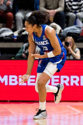 LYON-VILLEURBANNE, FRANCE - MARCH 14: Janelle Salaun (France, 13) cheers after scoring a three pointer during the FIBA Women™s World Cup Qualifying Tournament match between Germany (GER) vs. France (FRA) at Astroballe on matchday 3 of the FIBA Women™s World Cup Qualifying Tournament on March 14, 2026 in Lyon-Villeurbanne, France. France Copyright: xSteffiexWunderlx