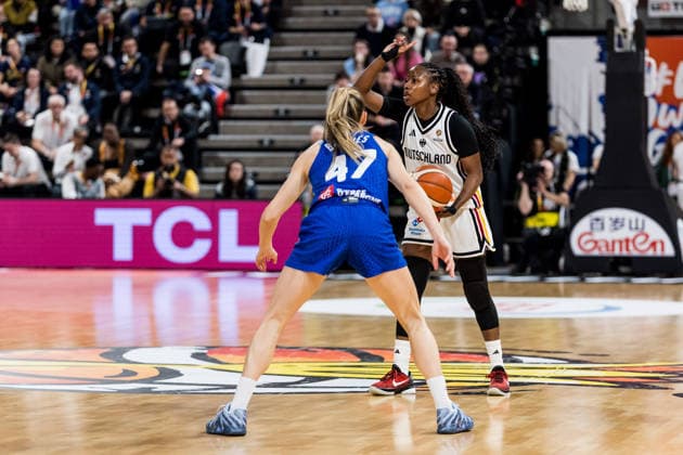 LYON-VILLEURBANNE, FRANCE - MARCH 14: Alexis Peterson (Germany, 1) controls the ball against Romane Bernies (France, 47) during the FIBA Women™s World Cup Qualifying Tournament match between Germany (GER) vs. France (FRA) at Astroballe on matchday 3 of the FIBA Women™s World Cup Qualifying Tournament on March 14, 2026 in Lyon-Villeurbanne, France. France Copyright: xSteffiexWunderlx