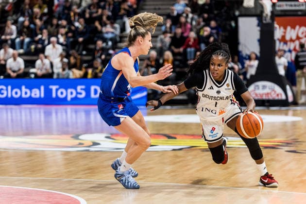 LYON-VILLEURBANNE, FRANCE - MARCH 14: Alexis Peterson (Germany, 1) controls the ball against Romane Bernies (France, 47) during the FIBA Women™s World Cup Qualifying Tournament match between Germany (GER) vs. France (FRA) at Astroballe on matchday 3 of the FIBA Women™s World Cup Qualifying Tournament on March 14, 2026 in Lyon-Villeurbanne, France. France Copyright: xSteffiexWunderlx